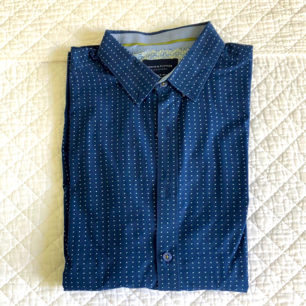 Mens blue and white polka dots dress shirt
